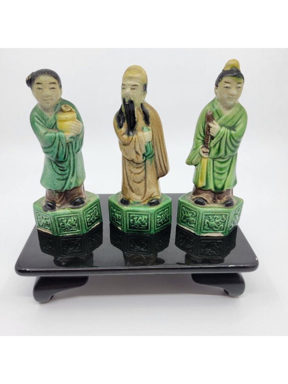 Vintage Asian Ceramic Scholar Figurines Set of 3 Hand Painted Green Hex Base